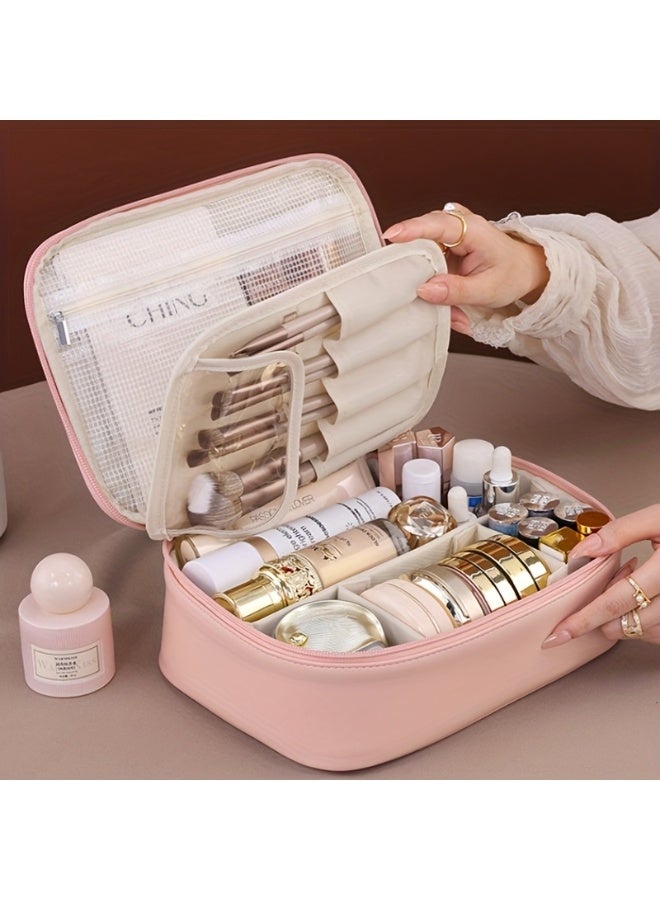 Multi-Layer Large Capacity Detachable Makeup Bag, Waterproof Portable Travel Storage Bag with Brush Storage,PU Leather Cosmetic Bag with Zipper,  Large Capacity Handheld Travel Cosmetic Bag with Compartments for Girls and Women (Pink) - Image 2